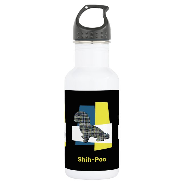 Shih-Poo Cute Pet Dog Silhouette Y&B Grid Stainless Steel Water Bottle (Front)
