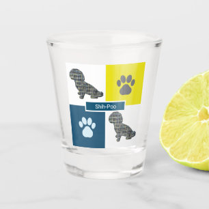Shih-Poo Dog Cute Silhouette & Paw Y&B Grid Shot Glass
