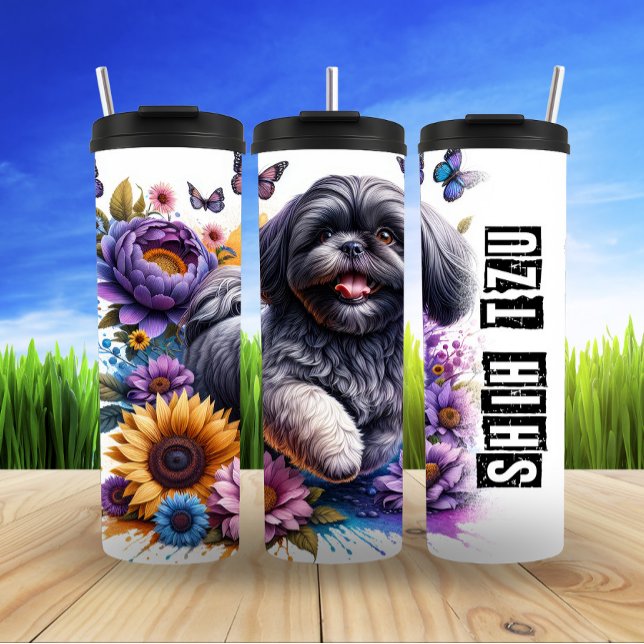 Shih Tzu Amidst Floral Splendor Thermal Tumbler (Creator Uploaded)