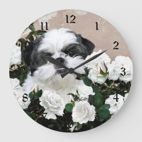 Shih Tzu and roses Large Clock