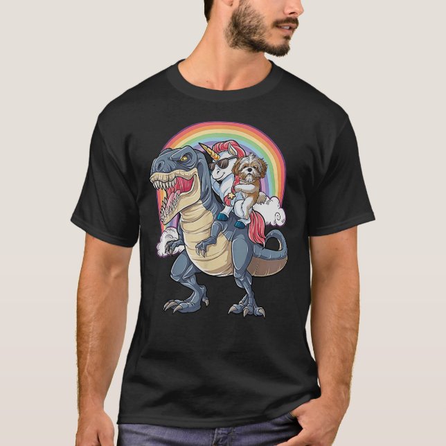 Shih Tzu And Unicorn Ride T Rex Like Boss T-Shirt (Front)
