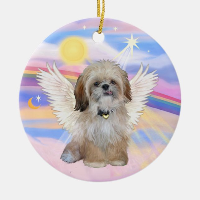 Shih Tzu Angel in Heaven's Clouds Ceramic Ornament (Front)