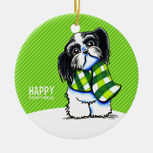 Shih Tzu B/W Christmas Snow Happy Howl-i-days Ceramic Ornament (Front)