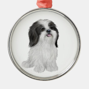 Shih Tzu - black and white (by JF) Metal Ornament