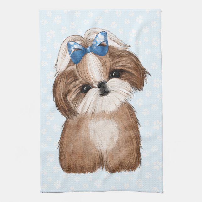 Shih Tzu Blue Bow Kitchen Towel (Vertical)