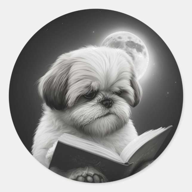 Shih Tzu Book Reading Classic Round Sticker (Front)
