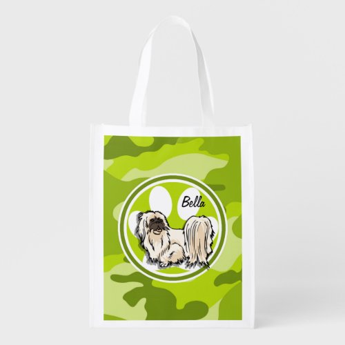 Shih Tzu bright green camo camouflage Reusable Grocery Bag