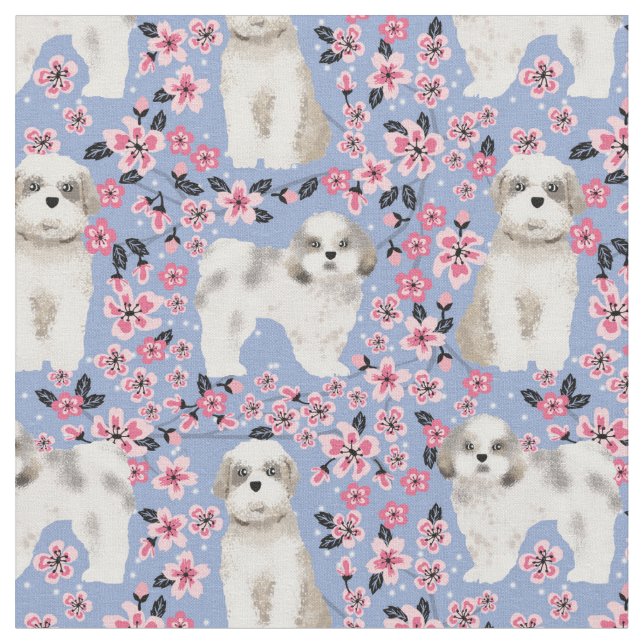 shih tzu cherry blossoms pink fabric (Close Up)