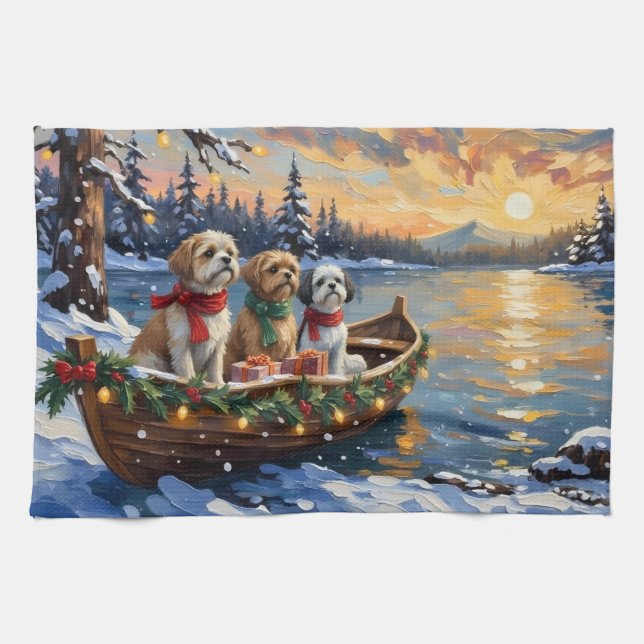 Shih Tzu Christmas Boat Holiday Kitchen Towel (Horizontal)