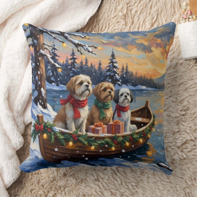 Shih Tzu Christmas Boat Holiday Throw Pillow (Blanket)