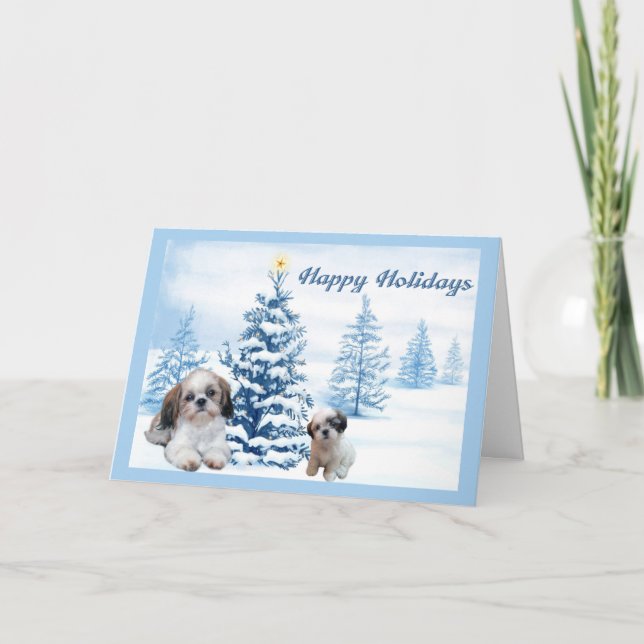 Shih Tzu Christmas Card Blue Tree (Front)