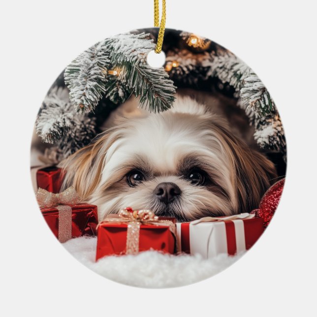 Shih Tzu Christmas Ceramic Ornament (Front)