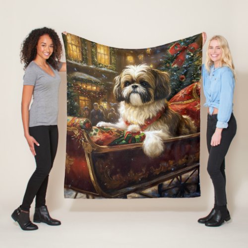 Shih Tzu Christmas Festive Season Fleece Blanket