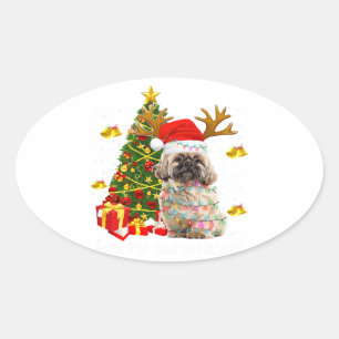 Shih Tzu Christmas Lights Tree   Santa Xmas Oval Sticker