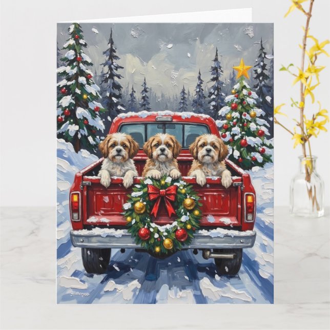 Shih Tzu Christmas Red Truck Holiday Card (Yellow Flower)