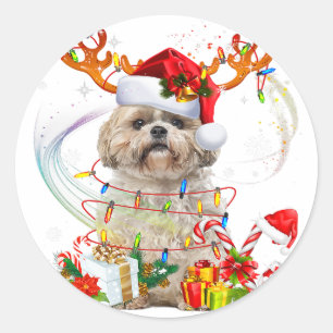 Shih Tzu Christmas Reindeer Christmas Lights Classic Round Sticker