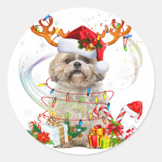 Shih Tzu Christmas Reindeer | Christmas Lights Classic Round Sticker