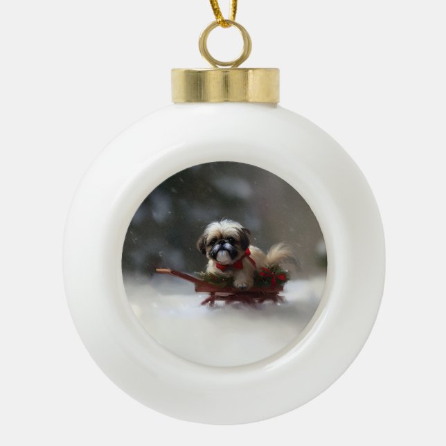 Shih Tzu Christmas snow winter Ceramic Ball Christmas Ornament (Front)