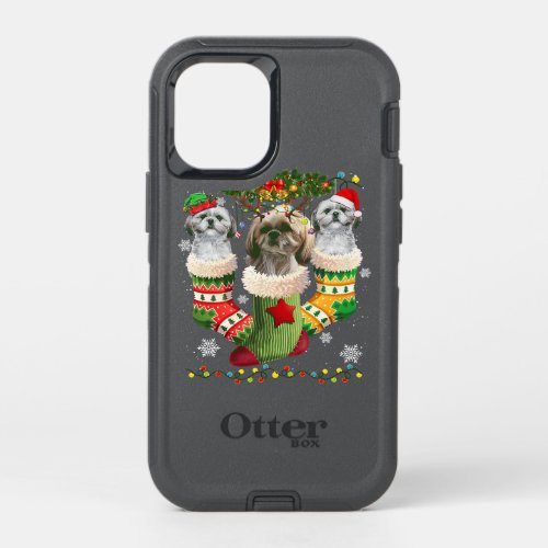 Shih Tzu Christmas Socks Tree Light  Santa Hat OtterBox Defender iPhone 12 Mini Case