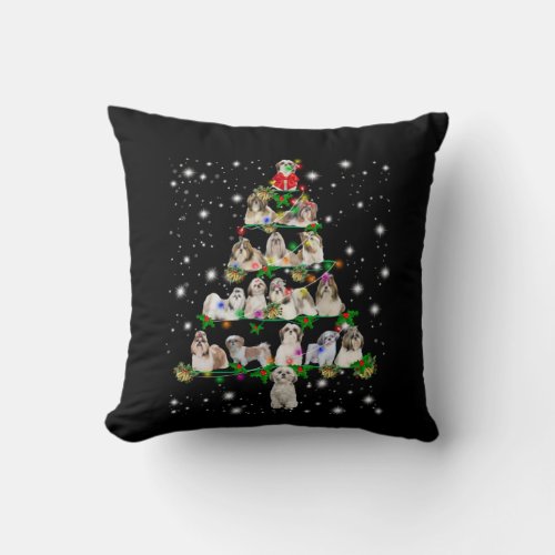 Shih Tzu Christmas Tree Covered By Fashlight Throw Pillow