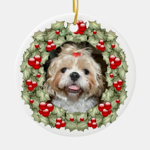 Shih Tzu Christmas wreath Ceramic Ornament