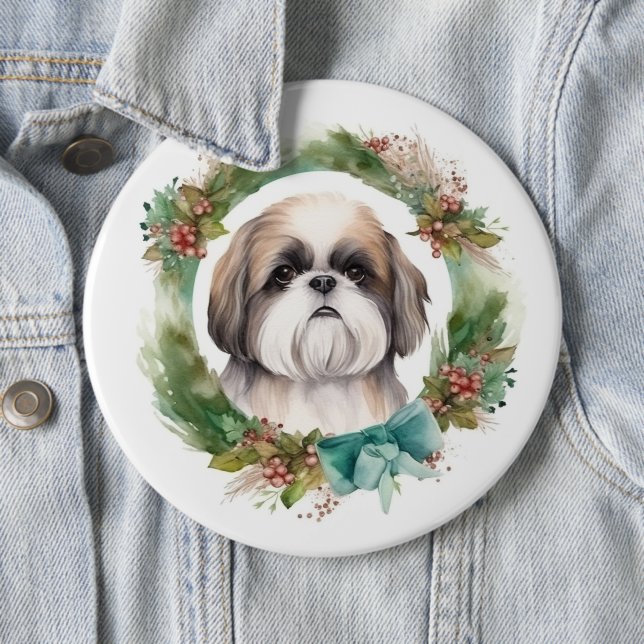 Shih Tzu Christmas Wreath Festive Pup  Button (In Situ)