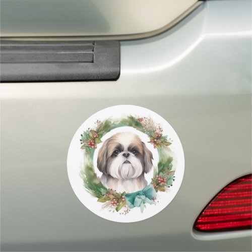 Shih Tzu Christmas Wreath Festive Pup  Car Magnet