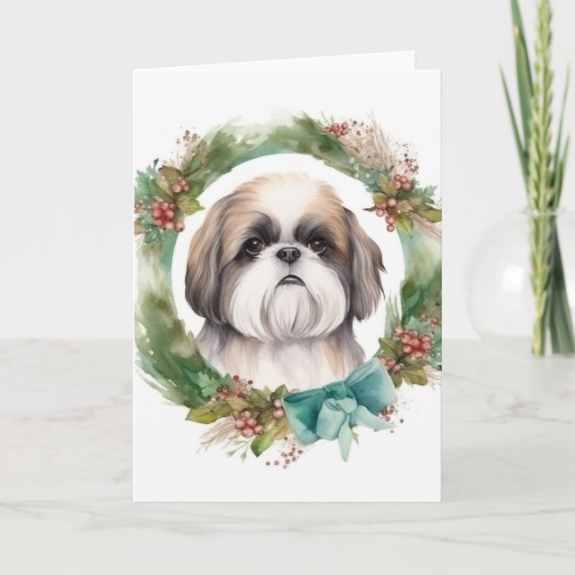 Shih Tzu Christmas Wreath Festive Pup  Card (Front)