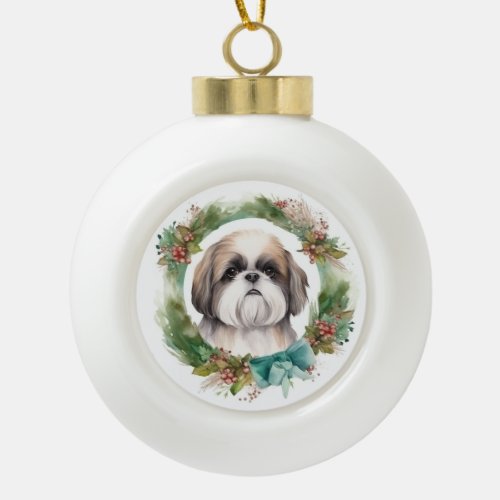 Shih Tzu Christmas Wreath Festive Pup  Ceramic Ball Christmas Ornament