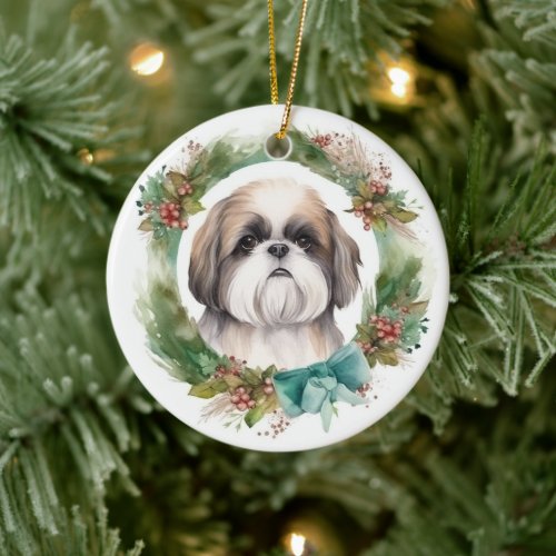 Shih Tzu Christmas Wreath Festive Pup  Ceramic Ornament