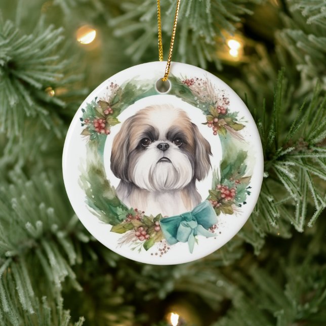 Shih Tzu Christmas Wreath Festive Pup  Ceramic Ornament (Tree)