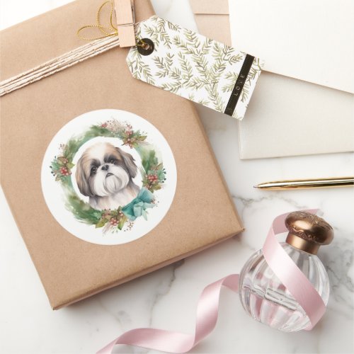 Shih Tzu Christmas Wreath Festive Pup  Classic Round Sticker