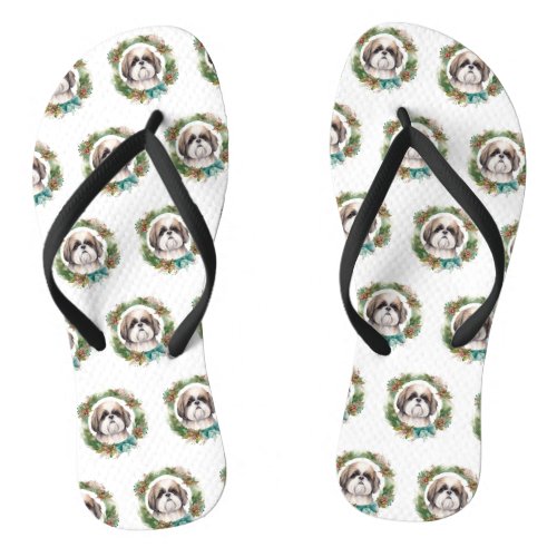 Shih Tzu Christmas Wreath Festive Pup  Flip Flops