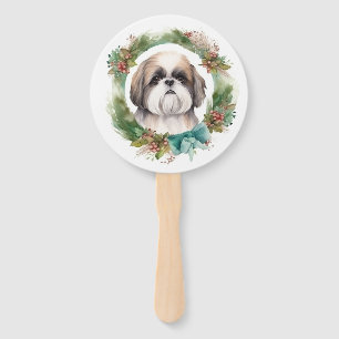 Shih Tzu Christmas Wreath Festive Pup Hand Fan
