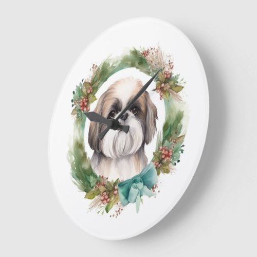 Shih Tzu Christmas Wreath Festive Pup  Large Clock