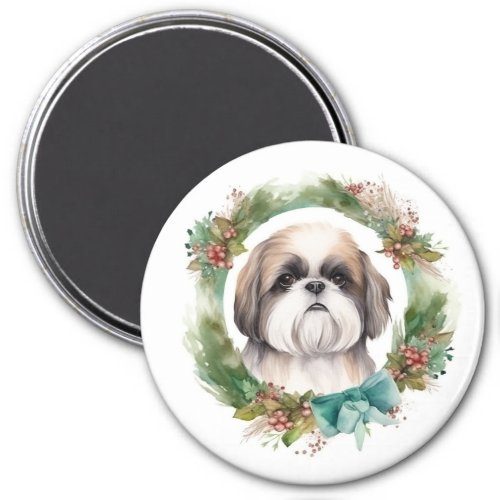 Shih Tzu Christmas Wreath Festive Pup  Magnet