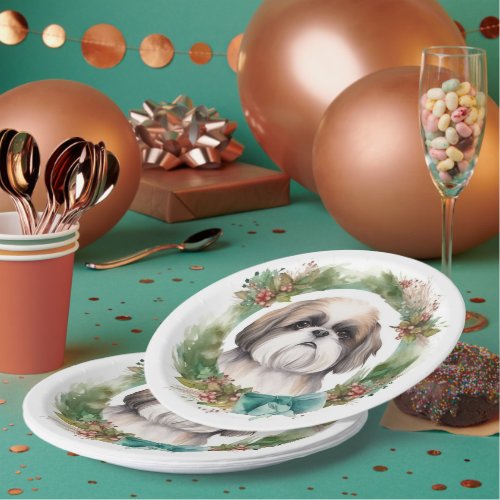 Shih Tzu Christmas Wreath Festive Pup  Paper Plates