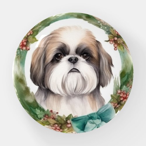 Shih Tzu Christmas Wreath Festive Pup  Paperweight