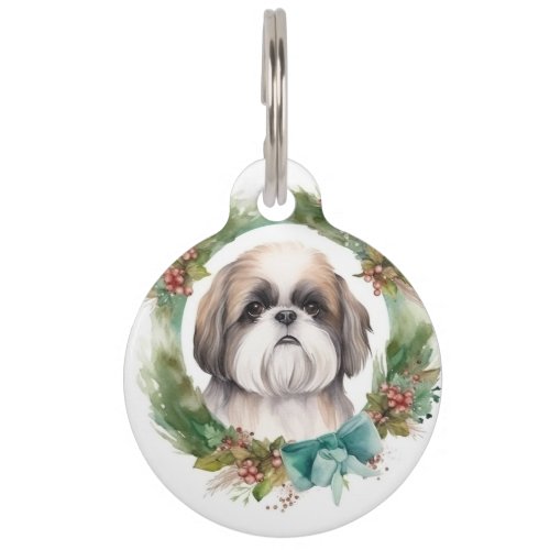 Shih Tzu Christmas Wreath Festive Pup  Pet ID Tag
