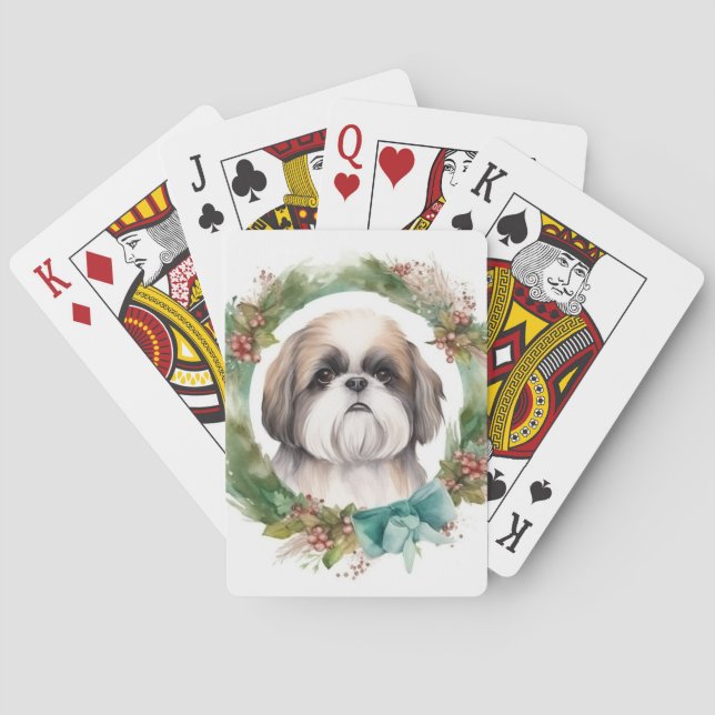 Shih Tzu Christmas Wreath Festive Pup  Poker Cards (Back)