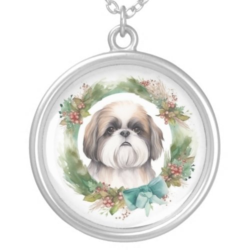 Shih Tzu Christmas Wreath Festive Pup  Silver Plated Necklace