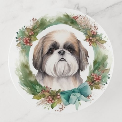 Shih Tzu Christmas Wreath Festive Pup  Trinket Tray