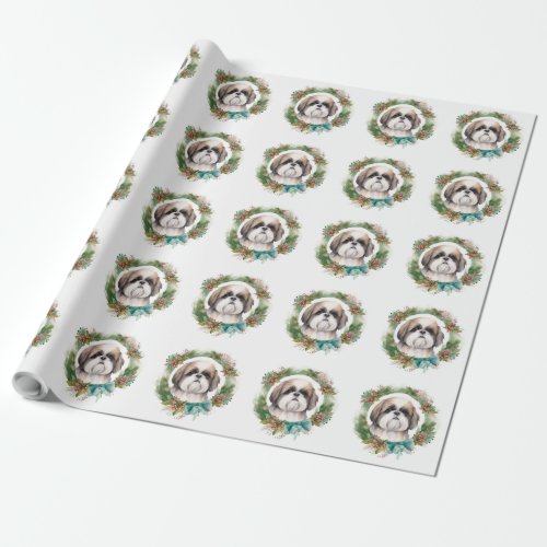 Shih Tzu Christmas Wreath Festive Pup  Wrapping Paper