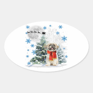 Shih Tzu Christmas Xmas Tree | Funny Snow Xmas Oval Sticker