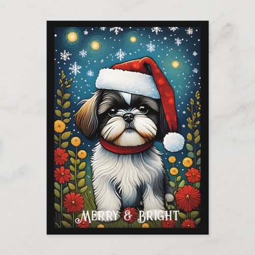 Shih Tzu Colorful Flower Santa Dog Christmas  Postcard