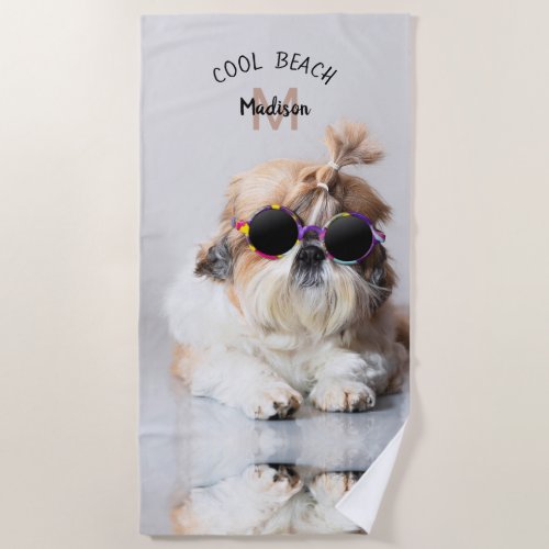 Shih Tzu Cool Beach Sunglasses Photo Monogram Beach Towel