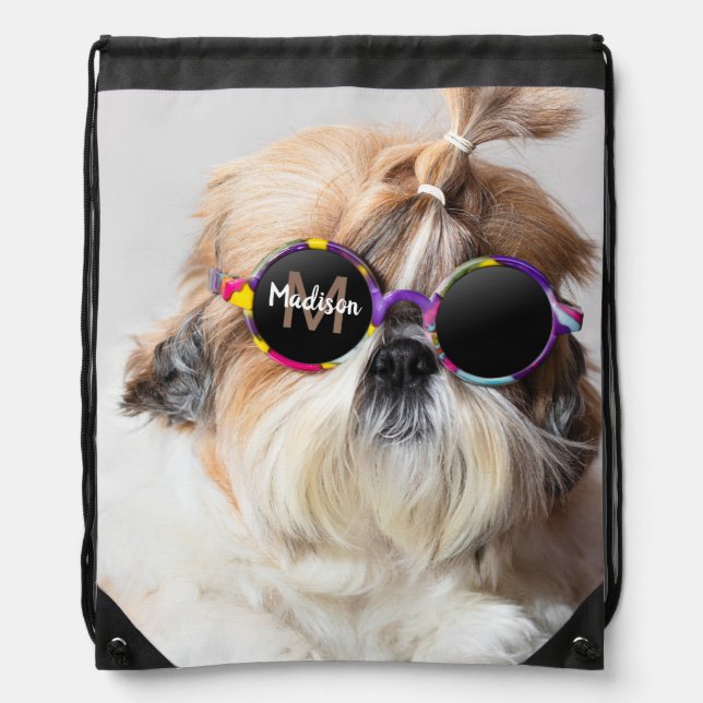 Shih Tzu Cool fun cute Photo Custom Monogram Drawstring Bag (Front)