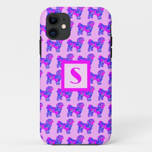 Shih Tzu Cute Dog Pink  Blue Silhouette Monogram iPhone 11 Case
