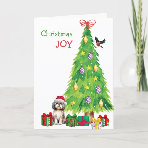 Shih Tzu Dog Bird and Christmas Tree Holiday Card
