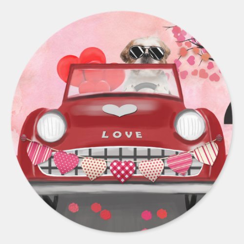 Shih Tzu Dog Car with Hearts Valentines   Classic Round Sticker